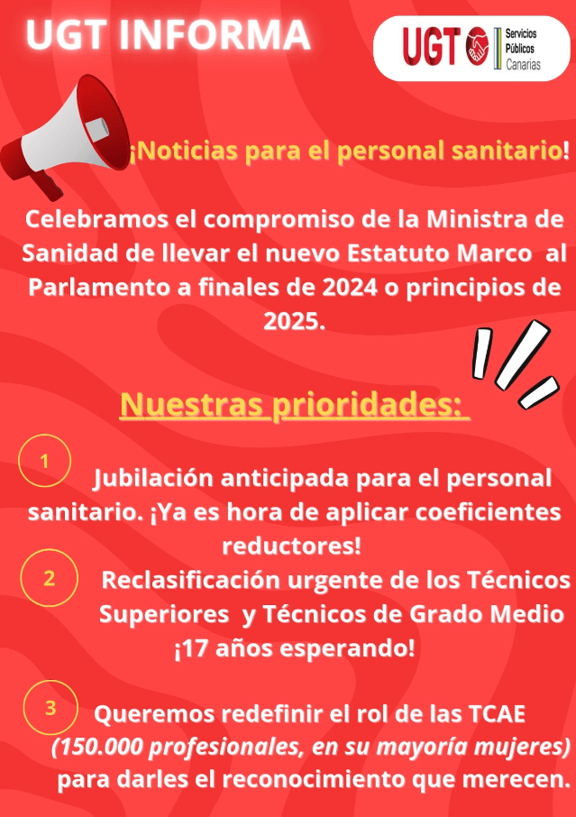 Celebramos el compromiso de la Ministra de Sanidad de llevar el nuevo Estatuto Marco al Parlamento a finales de 2024 o principios de 2025